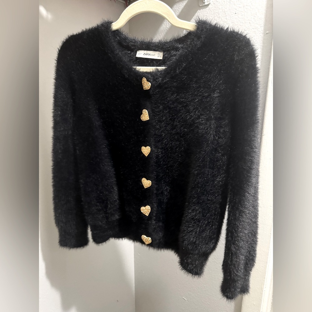 Black Furry Zara Cardigan with Gold & Rhinestone Heart Buttons